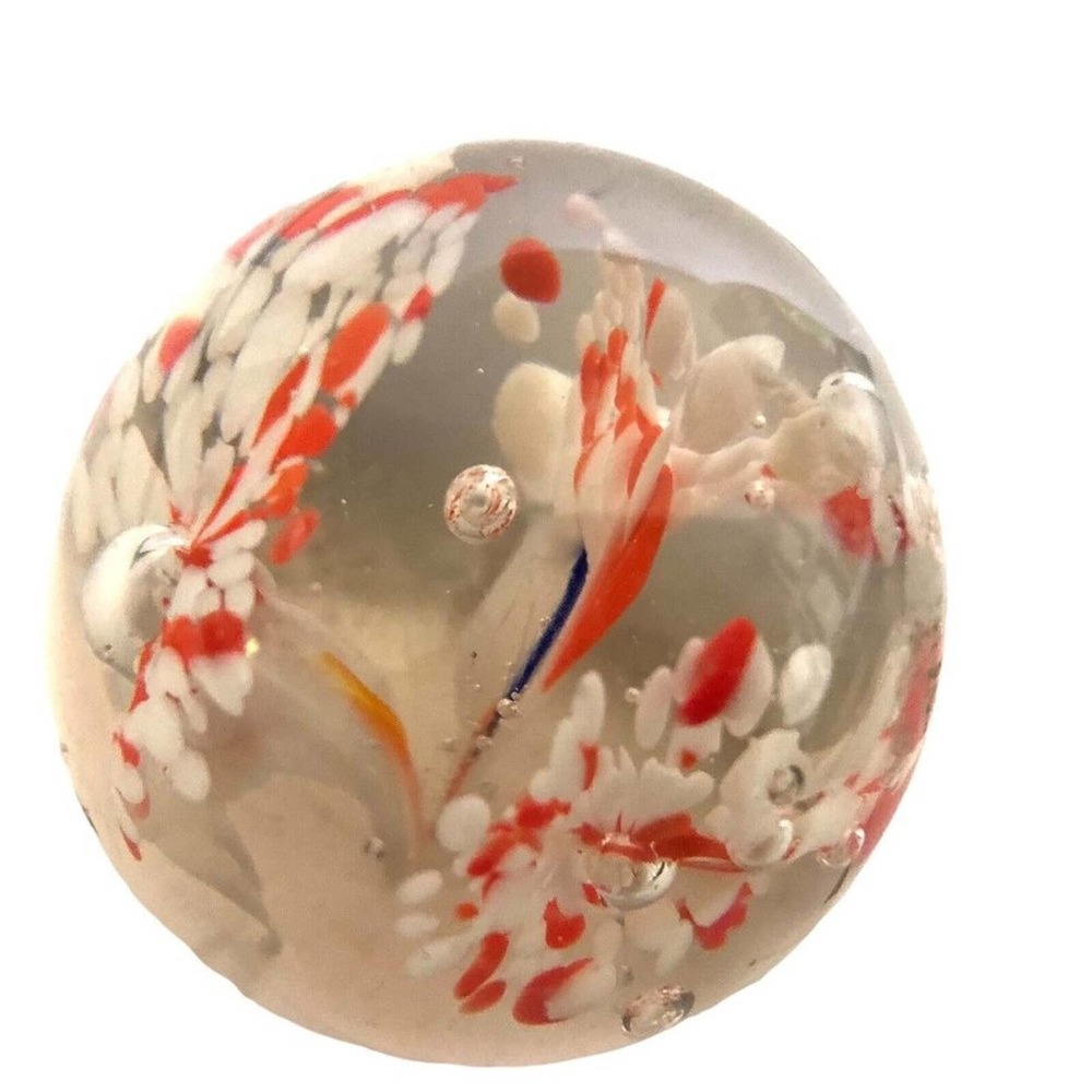 Small Hand Blown Art Glass Paperweight Confetti Red White Blue Controlled Bubble
